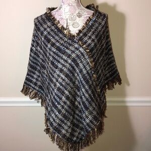 True Meaning Tweed Poncho blue Brown one size